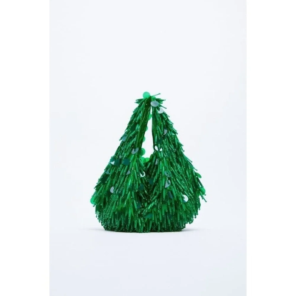 Zara Green Beaded Sequin Satin Statement Glam Hobo Handbag Evening Purse Bag
